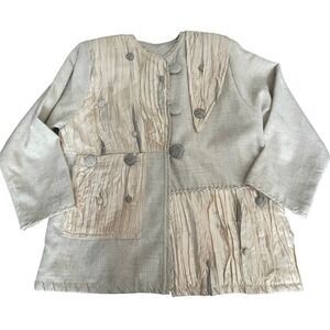 VTG Crystal Patchwork Linen Satin Jacket Neutral Oversized artsy Women XL‎